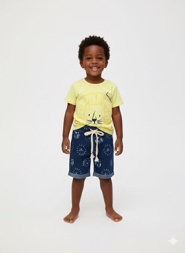 Conjunto de Camiseta em Meia Malha e Bermuda em Jeans Guga com Elastano LucBoo Bebê Menino