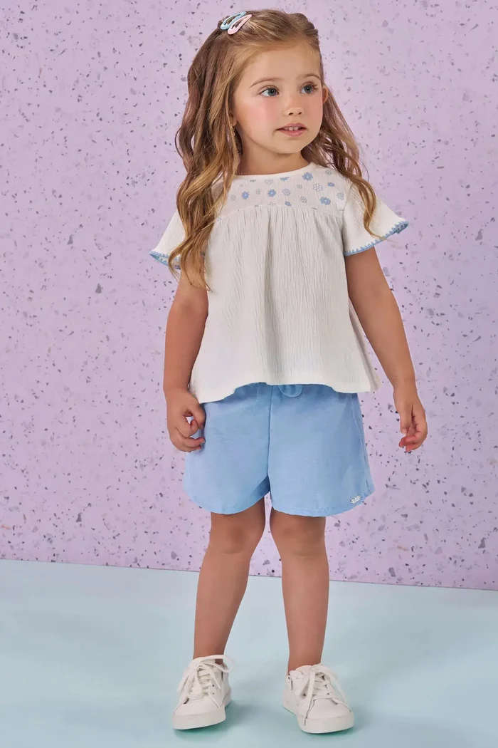 Conjunto de Bata em Malha Wave e Shorts em Tricoline Cotton 86815 Kukiê Bebê Menina - Imagem 2