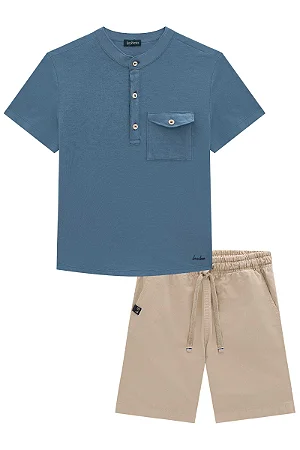 Conjunto camisa polo azul e bermuda bege | Luc.boo