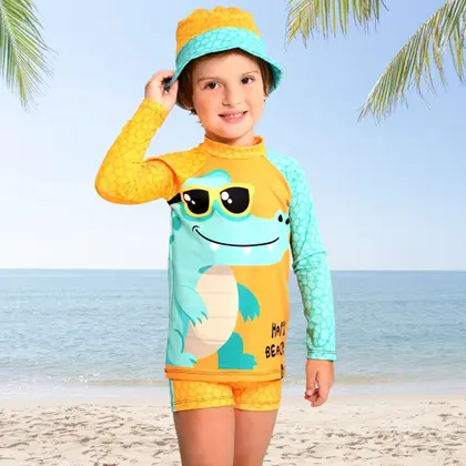 Conjunto Banho Praia Infantil Proteção UV FPS 50+ Camiseta Manga Longa e Short Marujos Sereias 660 - Marujos e Sereias Cor Verde agua, 660