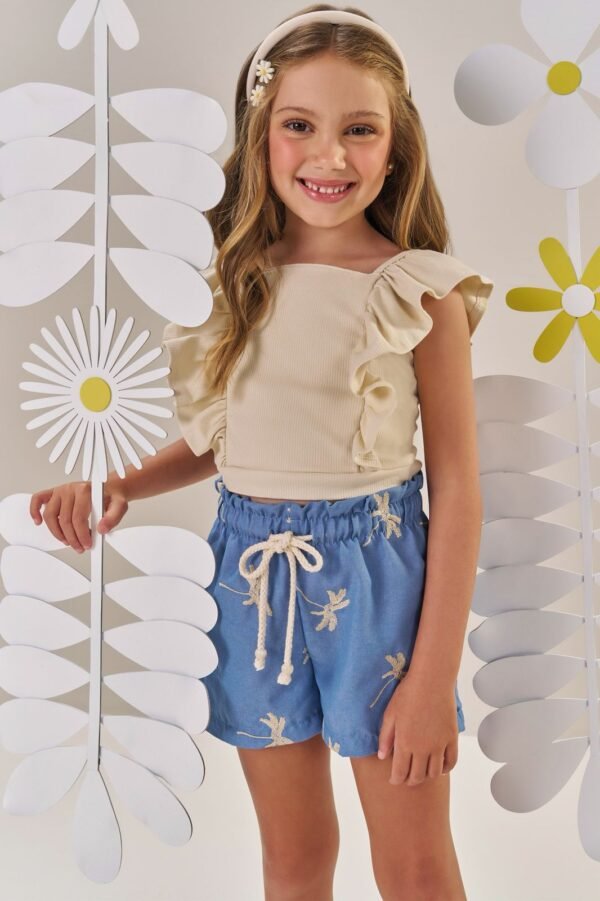 Conjunto de blusa cropped em canelado liz e Shorts em jeans com boedado 86492 Kukiê Infantil Menina