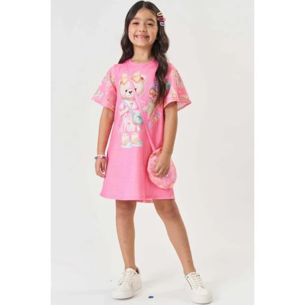 Vestido Kukie Infantil Ursinho Malha Power Menina - Rosa