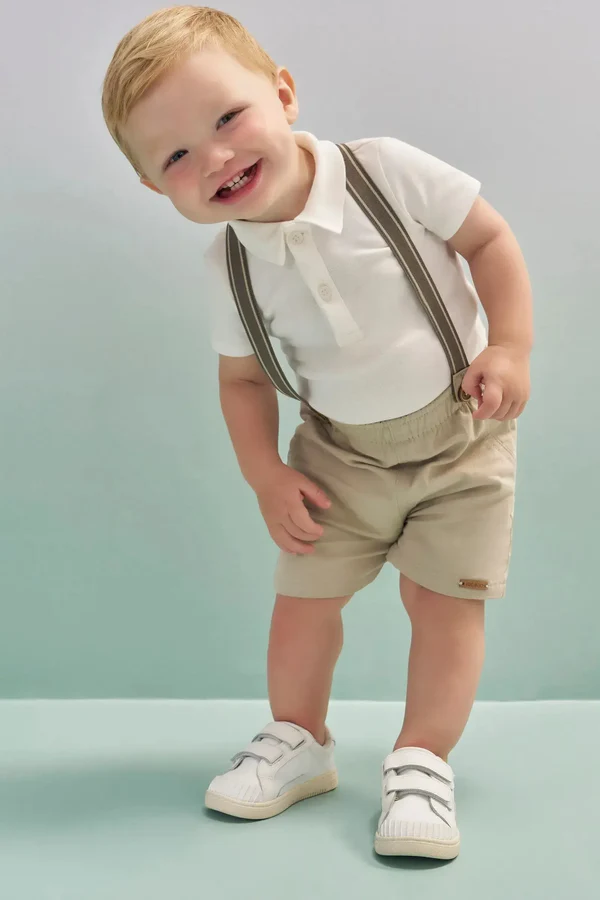 Conjunto de Body Polo em Ribana 1x1 e Bermuda em Sarja Girassol com Elastano e Suspensório 87383 LucBoo Bebê Menino