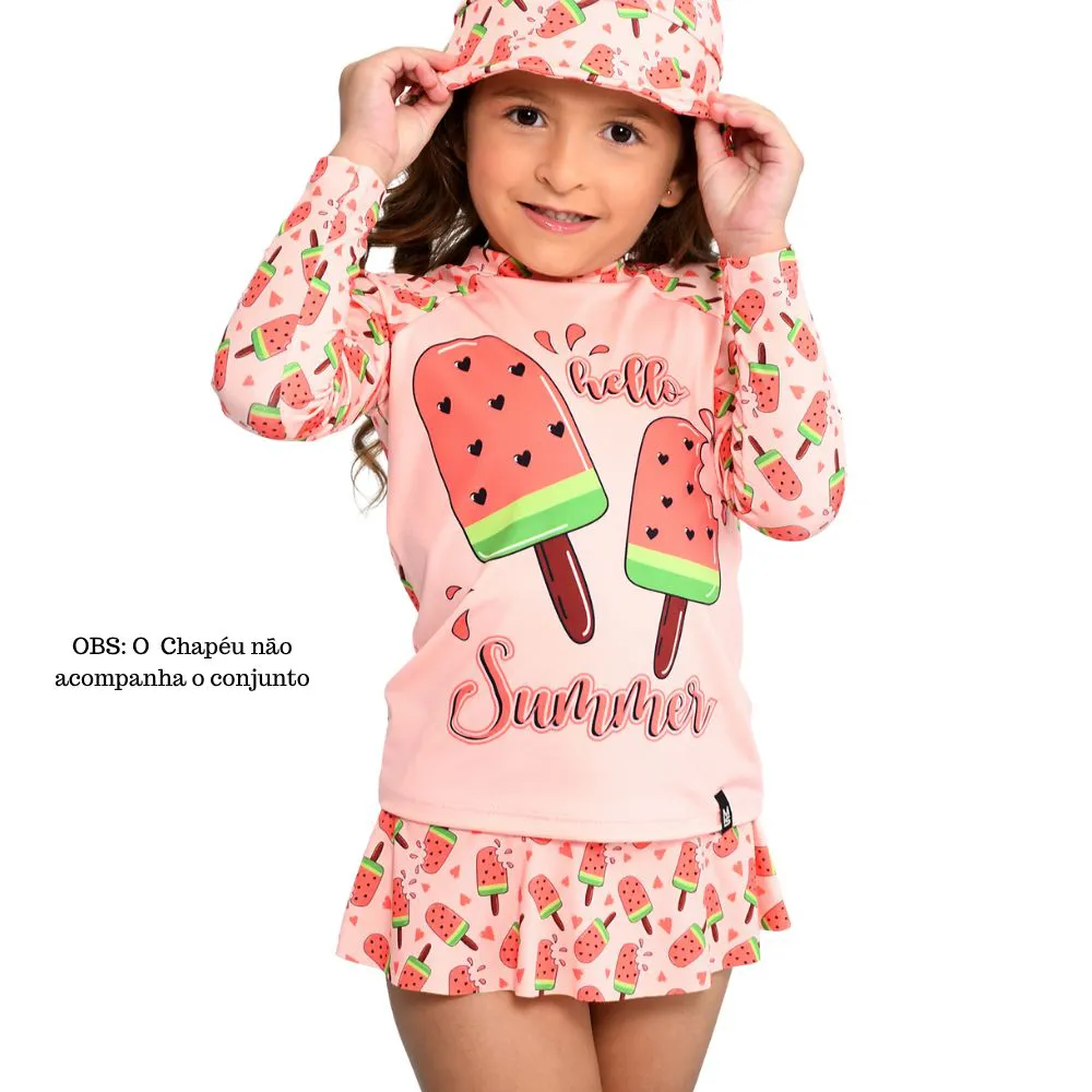 Conjunto Praia e Piscina Menina Blusa Proteção UV50+ e Tanga com babado Estampa Sorvete - Imagem 2