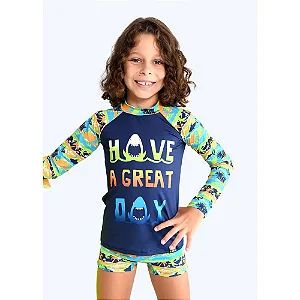 Conjunto Masc Blusa ML Proteção UV e Sunga Estampa Tubarão - Marujos e Sereias