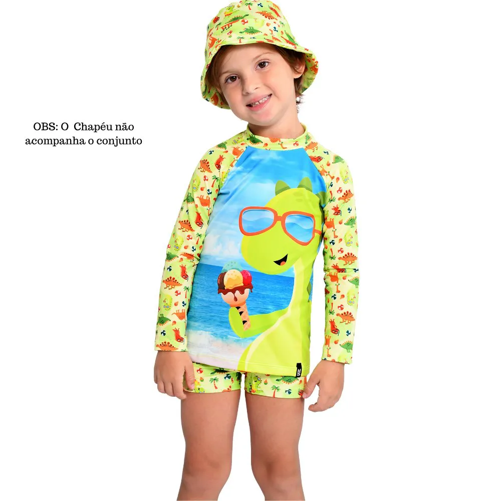 Sunga Boxer e Camiseta Proteção UV50+ Infantil Marujos e Sereias Estampa Dino na Praia