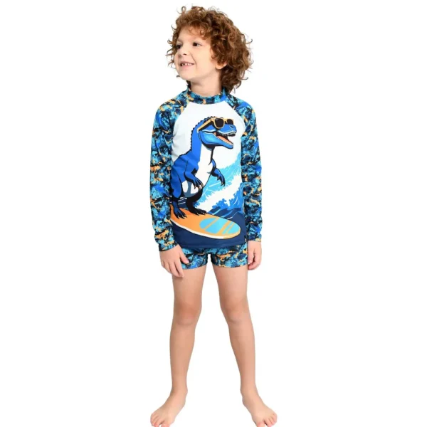 Sunga Boxer e Camiseta Proteção UV50+ Infantil Marujos e Sereias Estampa Dinossauro Surfista