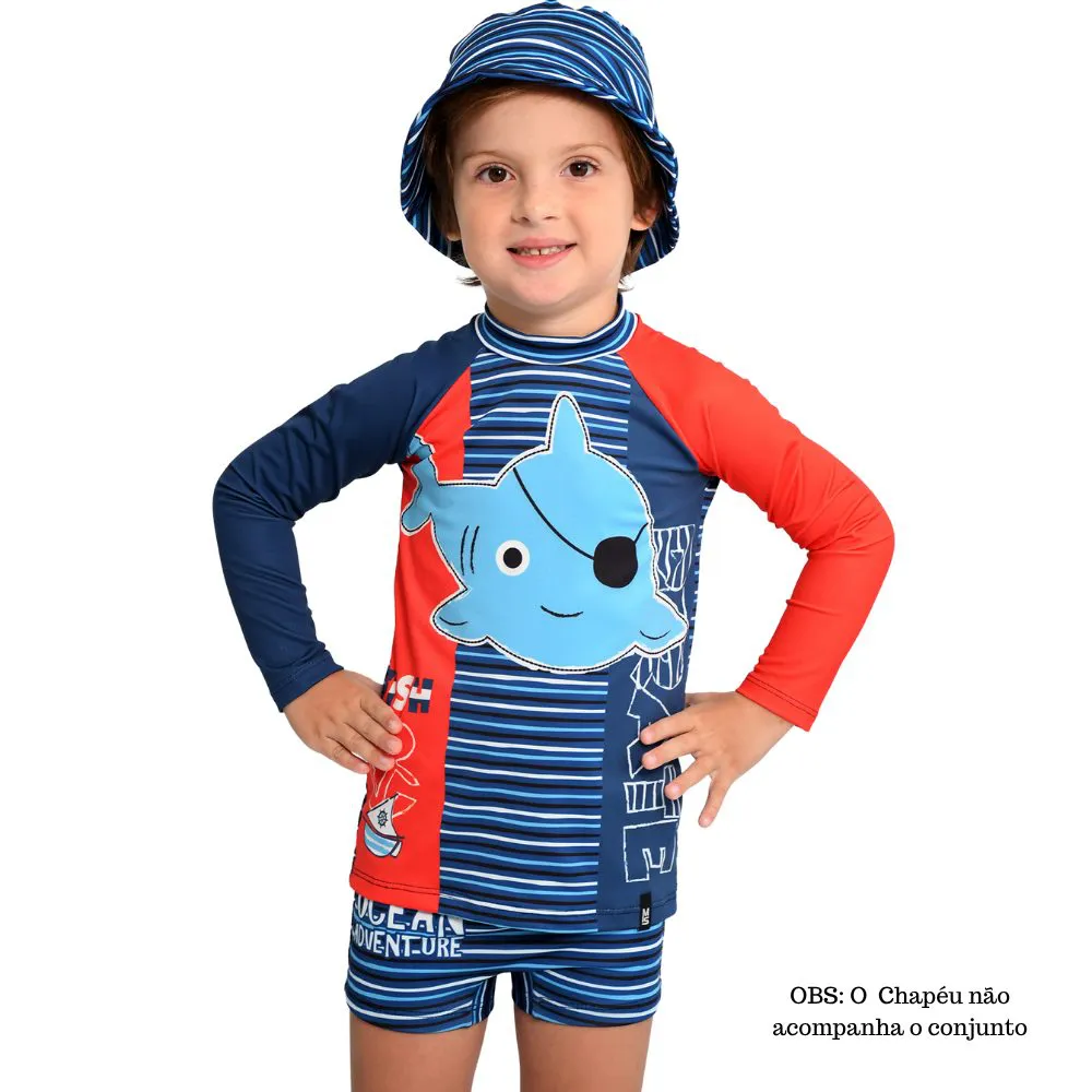 Sunga Boxer e Camiseta Proteção UV50+ Infantil Marujos e Sereias Estampa Golfinho Pirata