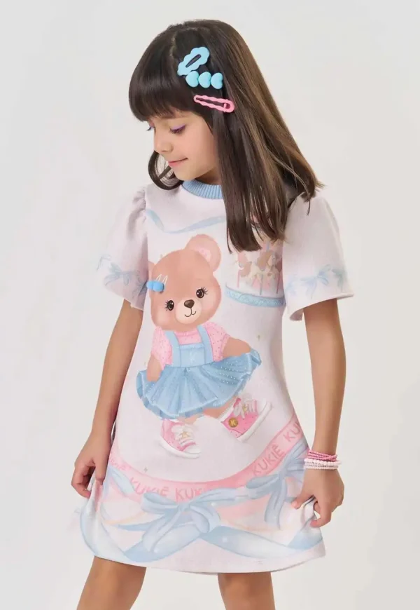 Vestido Kukie Infantil em Fly Tech Ursinho Menina - Off White