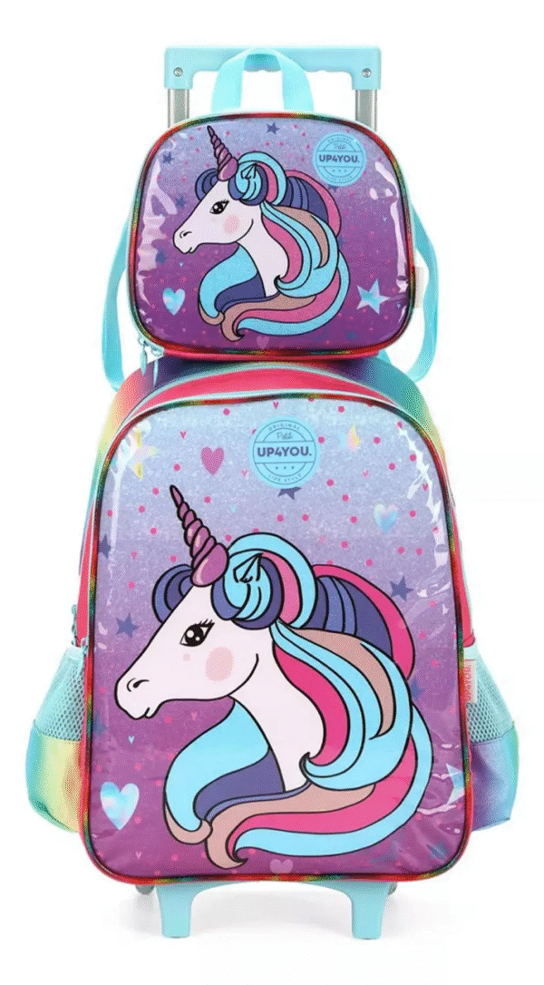 Kit Mochila de Rodinhas E Lancheira Escolar Infantil Luxcel Unicórnio