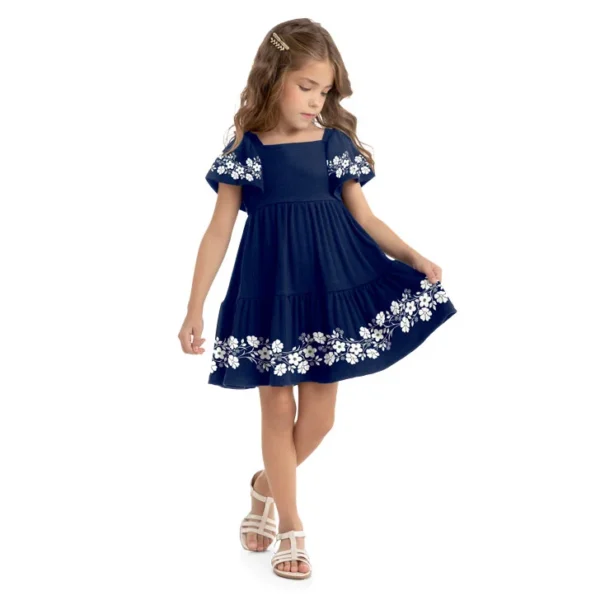 Vestido Inafntil Menina Floral Azul Marinho Milon