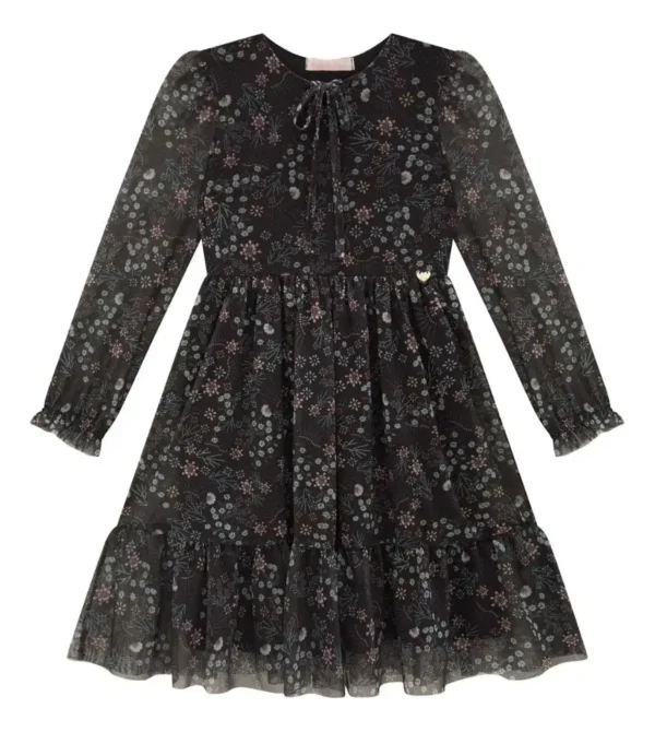 Vestido Kukiê Em Tule Com Elastano Preto Inverno
