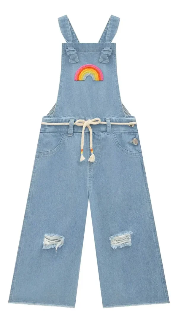 Jardineira Infantil Jeans Feminina Wide Leg Estilosa Kukiê