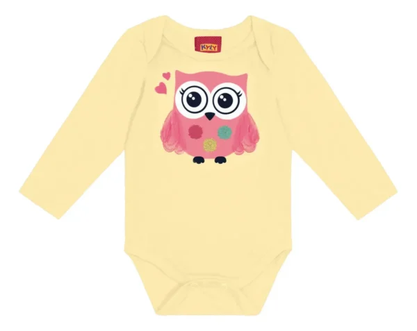 Body Bebês Manga Longa Cotton Amarelo Corujinha Rosa Kyly