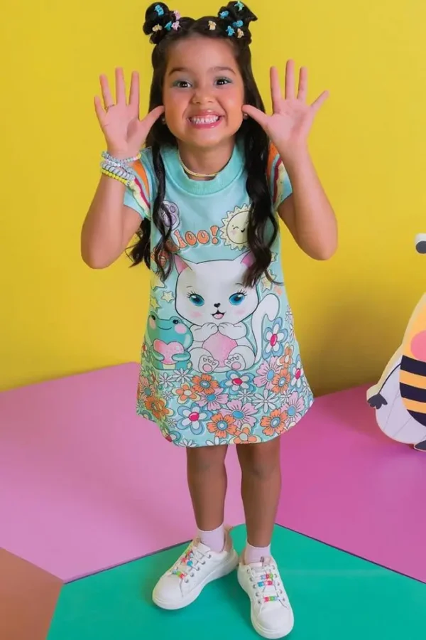 Vestido Infantil Animais Flores Strass Manga Curta Babado
