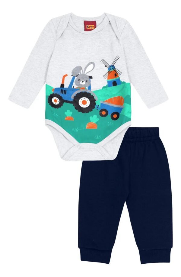 Conjunto Bebês Body Ml Coelho Fazenda Mescla E Calça Marinho