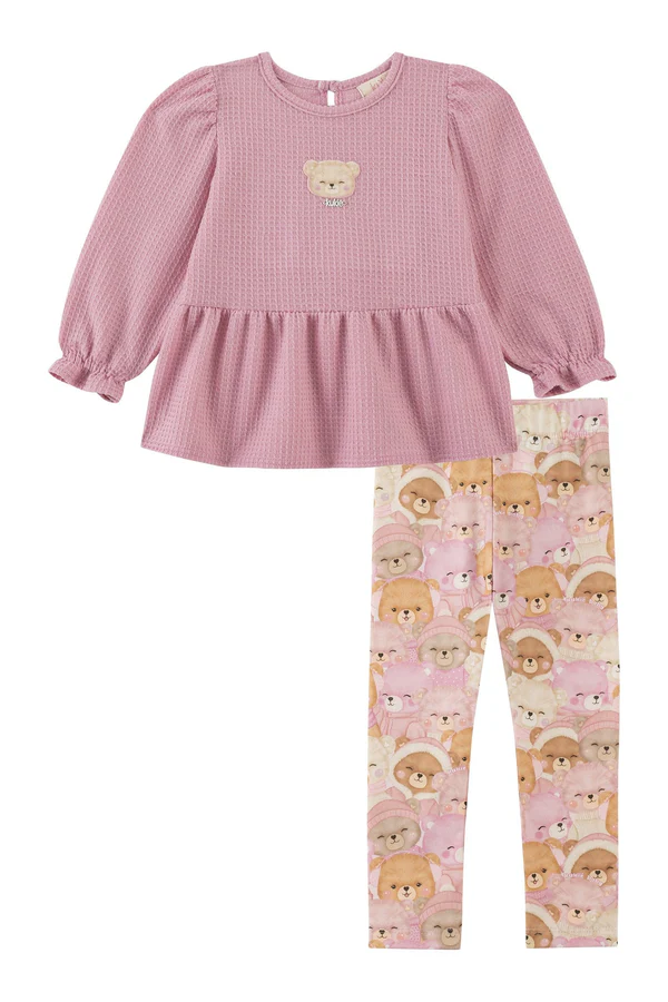 Bata em Malha Quadradinhos e Calça em Molecotton 91889 Kukiê Bebê Menina