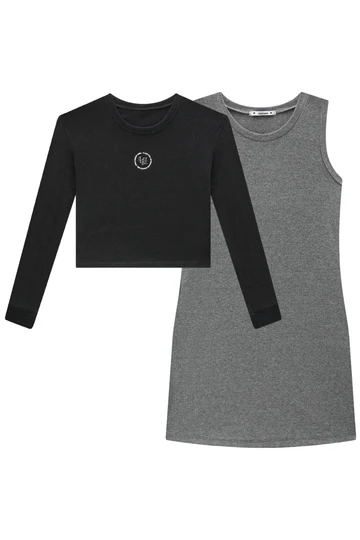 Vestido em Canelado Liz e Blusa Sobreposição em Meia Malha 92766 Lilimoon Teen Menina