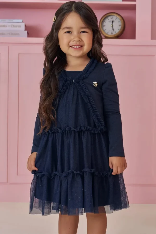 Vestido em tule com elastano e casaqueto em cotton kukiê ref: 92132